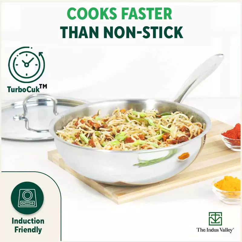 TurboCuk Tri-ply Stainless Steel Wok/Fry Pan+ Steel Lid, Premium Quality, 3 Layer Thick Body, 100% Toxin-free, Non-stick, Induction & Gas, 1.8/2.3L, 1.3/1.4kg