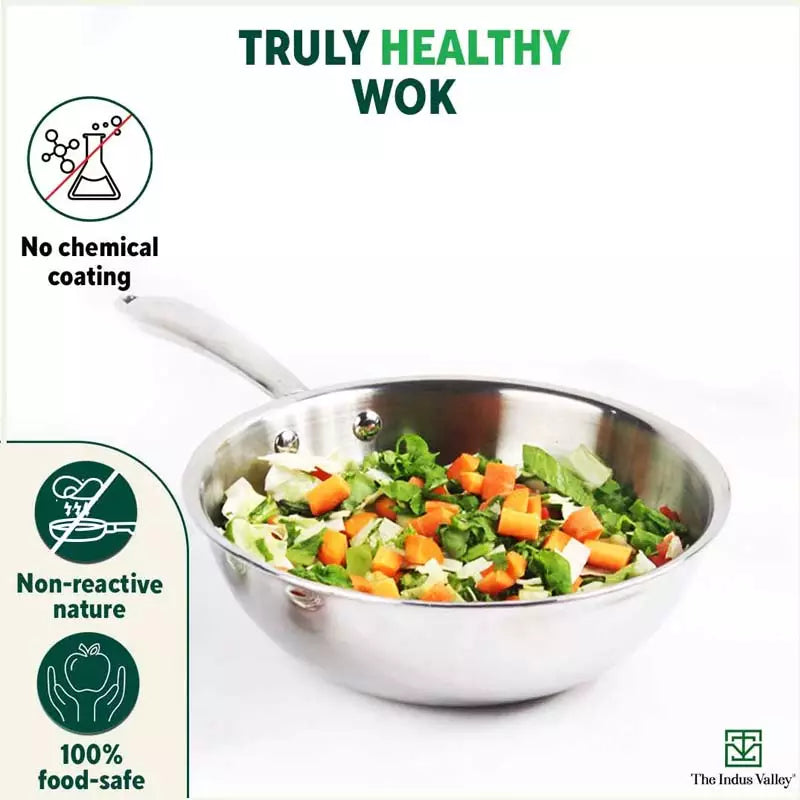 TurboCuk Tri-ply Stainless Steel Wok/Fry Pan+ Steel Lid, Premium Quality, 3 Layer Thick Body, 100% Toxin-free, Non-stick, Induction & Gas, 1.8/2.3L, 1.3/1.4kg