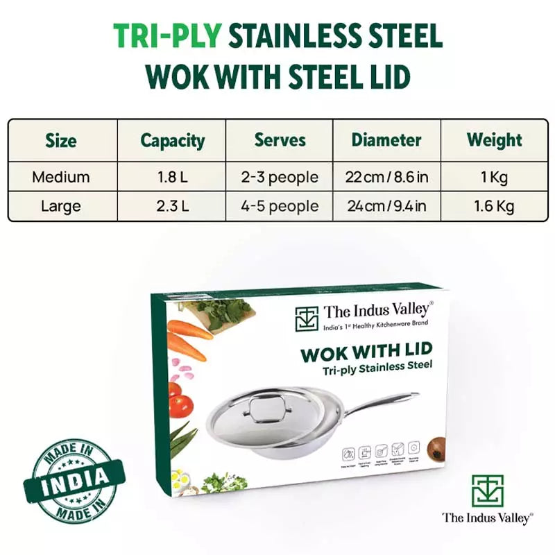 TurboCuk Tri-ply Stainless Steel Wok/Fry Pan+ Steel Lid, Premium Quality, 3 Layer Thick Body, 100% Toxin-free, Non-stick, Induction & Gas, 1.8/2.3L, 1.3/1.4kg
